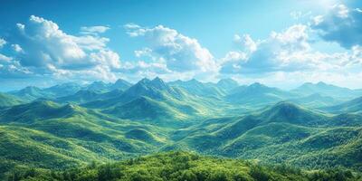Lush green mountains under a clear blue sky with scattered clouds in a serene natural landscape photo