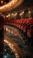 Elegant red seats line the luxurious hall of a historic theatre reflecting golden lights on the polished floor photo