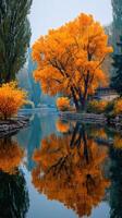 Bright autumn foliage reflected in calm waters near a serene pathway in a tranquil park setting photo
