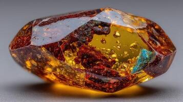 Sparkling amber gemstone showcasing inclusions and bubbles captured in fine detail under soft lighting photo