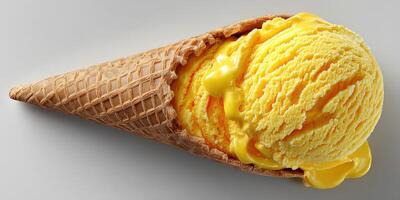 Delicious yellow ice cream scoop in a waffle cone ready to enjoy on a warm day photo