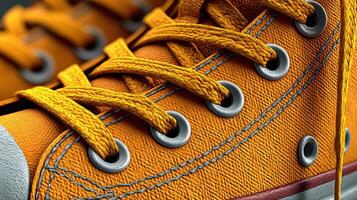 Bright orange sneakers with detailed laces and eyelets showcase unique design and vibrant color in a close-up view photo