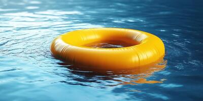 Yellow life ring floating in calm blue water on a sunny day near a poolside photo