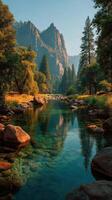 Majestic mountain landscape with a crystal-clear river flowing through a lush forest during sunset photo