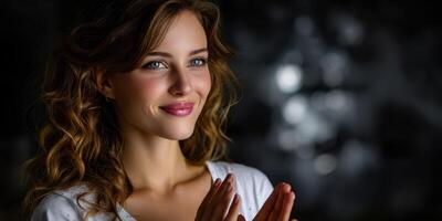Smiling woman with curly hair clapping in a dimly lit room during a celebratory moment photo