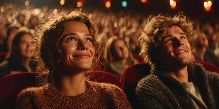 Joyful couple enjoying a movie together in a packed theater during an evening show photo