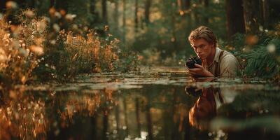 Young man capturing nature's beauty in a serene forest during golden hour with reflections in still water photo