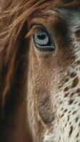 Close-up of a horse's eye showcasing detail and expression in a natural setting during daylight photo