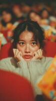 Young woman watching a movie, looking anxious and engaged in a cinema during a weekend evening photo
