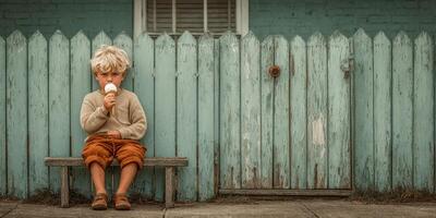 Child enjoys ice cream while sitting on wooden bench in front of pastel colored fence on a sunny day photo