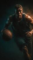 Dynamic basketball player in action during nighttime training session in an urban environment showcasing determination and strength photo