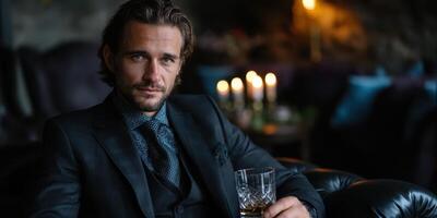 Elegant man enjoying a drink in a dimly lit lounge with candles and luxurious decor during a sophisticated evening photo