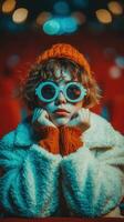 Young person with curly hair wearing oversized sunglasses and a cozy hat sits thoughtfully in front of red seats in a dimly lit venue photo
