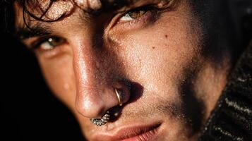 Close-up portrait of a young man with a nose ring and glistening skin in natural light photo