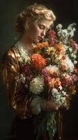Woman holding a large bouquet of colorful flowers in a dimly lit setting with soft lighting and elegant attire photo