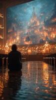 Person reflects in a beautifully lit theater, captivated by a magical backdrop reminiscent of a fantasy world at night photo