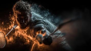 Player engages in intense badminton match with flames and smoke effects in dramatic lighting photo