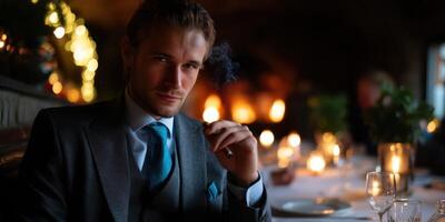 Elegant man enjoying a cigar in a dimly lit, luxurious dining setting during a cozy evening gathering photo