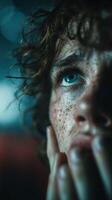 Intense gaze of a young person with freckles and curly hair captured in low light during a reflective moment photo