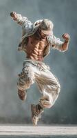 Dancer performs dynamic move in urban setting during afternoon light showcasing athleticism and expression photo