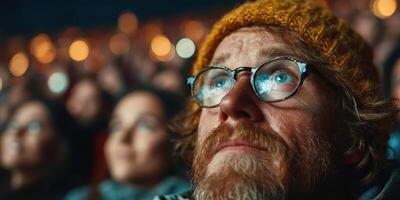 Person with glasses watches intently at a live performance in a crowded venue during the evening photo