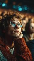Crowd watches performance with intensity during evening event at a concert hall in autumn photo