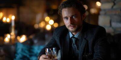 Stylish man enjoying a drink in a cozy, illuminated lounge on a winter evening photo