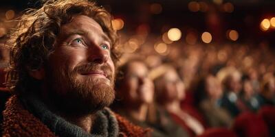 Audience member enjoys performance with deep emotion in a packed theater during a live event photo