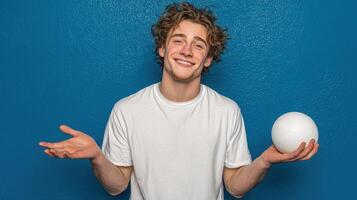 Young man smiles while holding a soccer ball against a blue wall in a casual setting photo