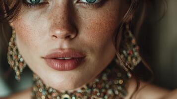 Close-up of a woman with freckles wearing elegant jewelry for a special occasion during golden hour photo