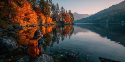 Capturing autumn reflections by the tranquil lake surrounded by mountains at sunrise photo