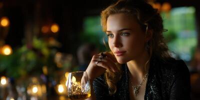 Elegant woman enjoying a drink at a candlelit dinner in a cozy restaurant setting photo