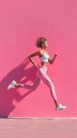 Runner in bright pink workout attire leaps against vibrant pink wall during mid-morning exercise session photo