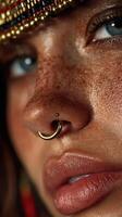 Close-up of a woman with freckles and bold nose ring showcasing rich skin texture and expressive eyes photo