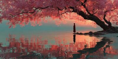 Tranquil silhouette at twilight under a blooming cherry blossom tree by a calm lake photo