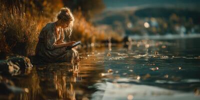 Woman reading a book by the serene lake during golden hour surrounded by nature photo