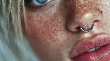 Close-up view of a person with freckles and a nose ring in natural light showcasing facial features and expression photo