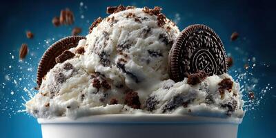 Delightful dessert treat featuring creamy vanilla ice cream with chocolate sandwich cookies served in a bowl photo