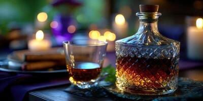 Elegant whiskey decanter and glass on a candlelit table at a cozy evening gathering with rich ambiance and warm tones photo