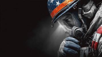 Firefighter in protective gear reflects on duty during a nighttime rescue operation photo
