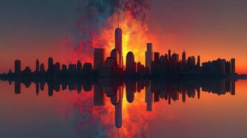 Bright sunset illuminates the skyline reflecting on calm waters with vibrant colors over cityscape photo