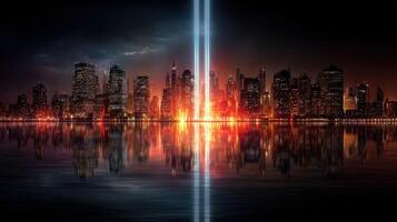 Dramatic skyline of New York City illuminated at night with bright beams shining into the sky photo