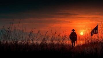 Silhouette of a soldier holding a flag during sunset at a tranquil lakeside photo