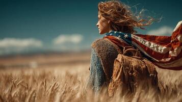 Journey of a traveler amidst golden fields with a flag-wrapped shoulder in a vast landscape under blue skies photo