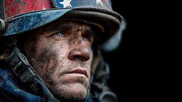 Soldier with blue eyes and weathered face shows determination during a military operation in a war-torn area photo