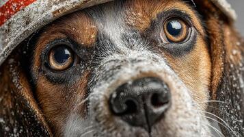 Beagle with a festive hat enjoys outdoor winter activities in a snowy setting, showcasing its expressive eyes and playful demeanor photo