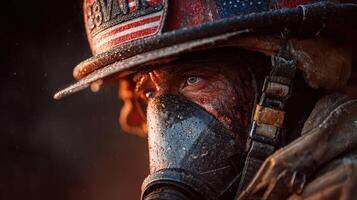Firefighter in action wearing a mask during a challenging rescue operation at a fire site in the evening glow photo