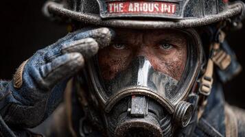 Firefighter salutes with determination after battling intense blaze during evening shift photo