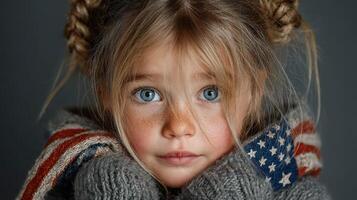 Young girl with braided hair wrapped in a cozy sweater holding an American flag indoors during a quiet afternoon photo