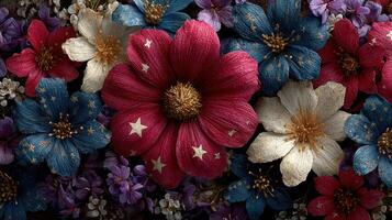 Colorful arrangement of flowers with varied textures and colors at a close-up view photo